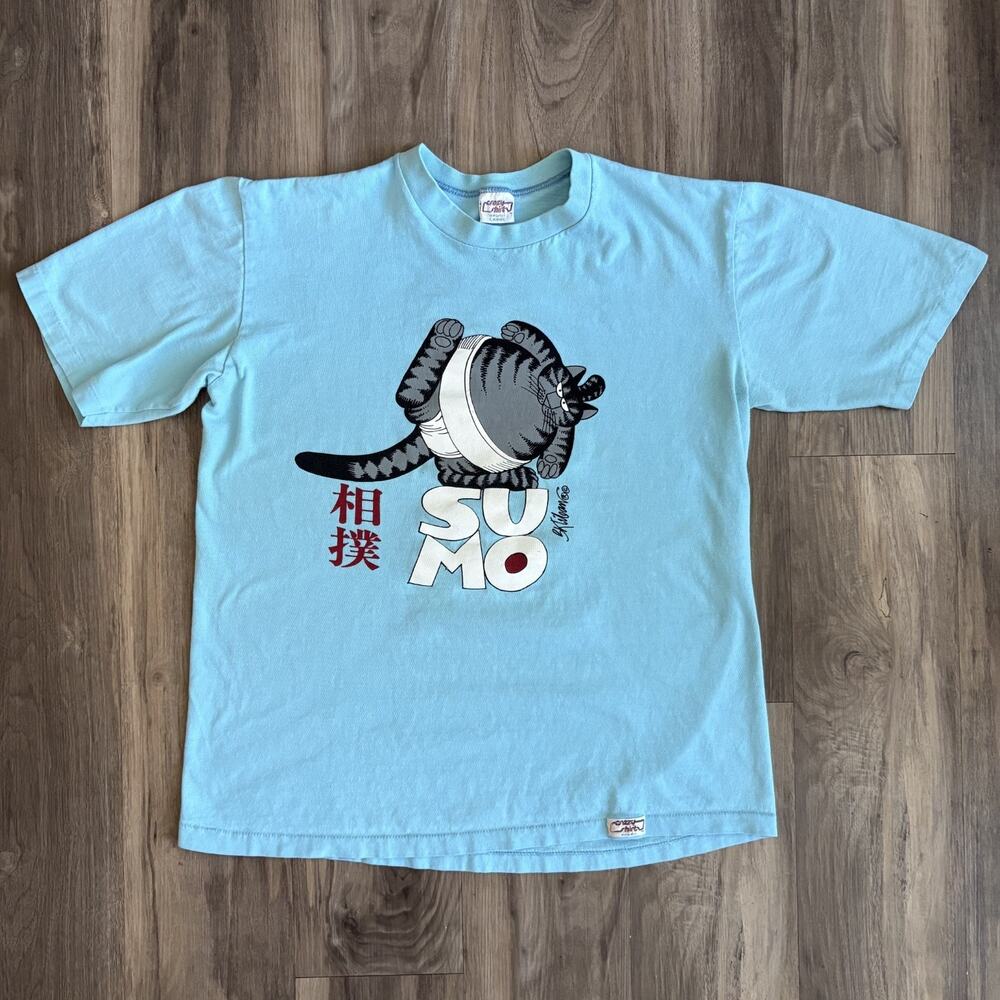 Vintage 1980s Crazy Shirt Sumo Cat T-Shirt Men's Size M B Kliban Hawaii Blue